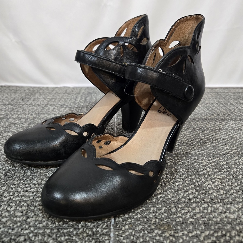 Miz Mooz Black Leather Cutout Ankle Strap Heels EU 38 Block Heel Mary Jane